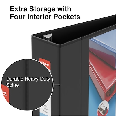 Staples® Heavy Duty 4" 3 Ring View Binder with D-Rings, Black, 4/Pack (56235CT/24695CT)