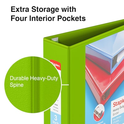 Staples® Heavy Duty 3" 3 Ring View Binder with D-Rings, Chartreuse (ST56322-CC)