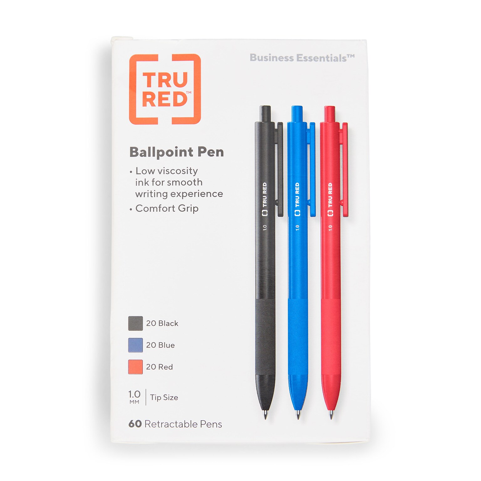 TRU RED™ Ballpoint Gripped Retractable Pens, Medium Point, 1.0mm, Blue/Black/Red, 60/Pack (TR59163)