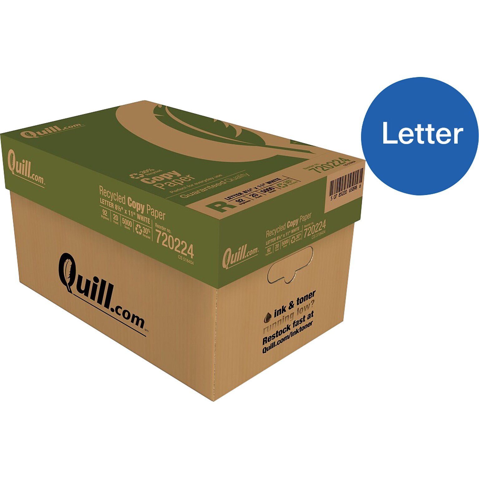 Quill Brand®  30% Recycled 8.5 x 11 Copy Paper, 20 lbs., 92 Brightness, 500 Sheets/Ream, 10 Reams/Carton (720224CT)