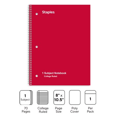 Staples® Poly 1-Subject Notebook, 8" x 10.5", College Ruled, 70 Sheets, Assorted Colors (27620M)