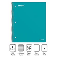 Staples Accel 1-Subject Notebook, 8 1/2 x 11, College Ruled, 100 Sheets, Teal (20955M)