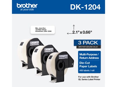 Brother DK-1204 Multi-Purpose Paper Labels, 2-1/10 x 2/3, Black on White, 400 Labels/Roll, 3 Rolls