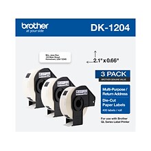 Brother DK-1204 Multi-Purpose Paper Labels, 2-1/10 x 2/3, Black on White, 400 Labels/Roll, 3 Rolls