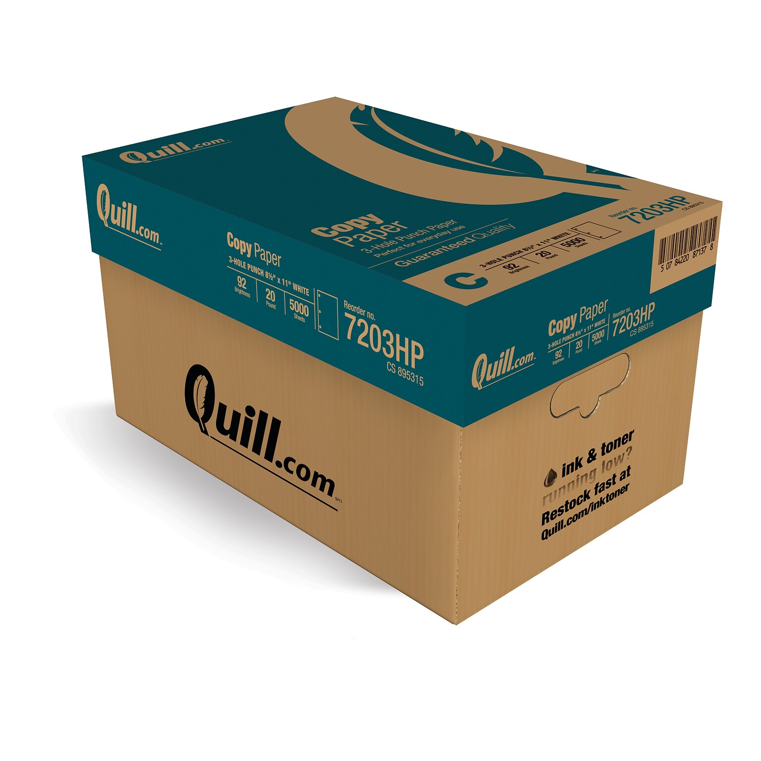 Quill Brand® 8.5 x 11 3-Hole Punch Copy Paper, 20 lbs., 92 Brightness, 10 Reams/Carton (7203HPCT)