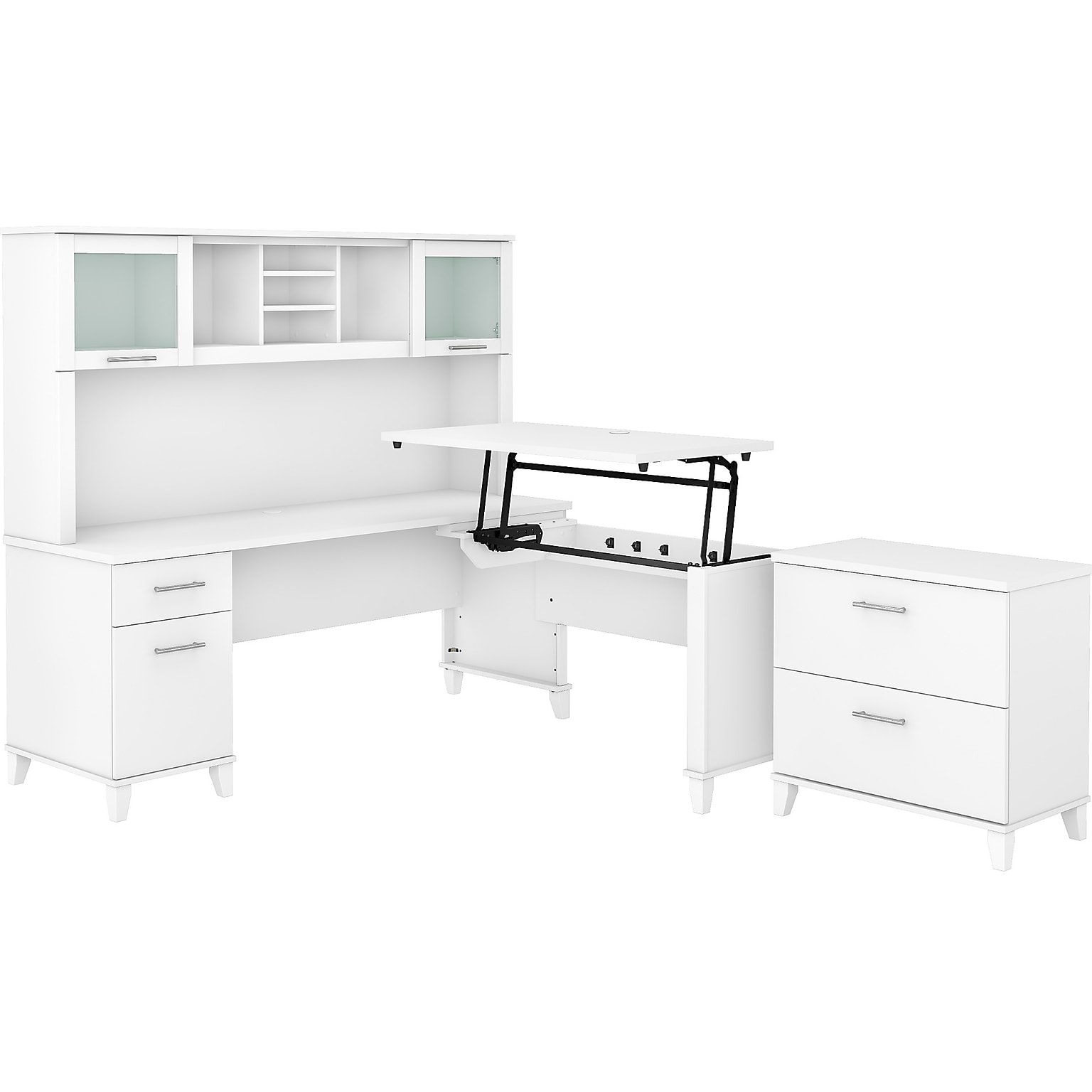 Bush Furniture Somerset 72W 3 Position Sit to Stand L Shaped Desk with Hutch and File Cabinet, White (SET016WH)