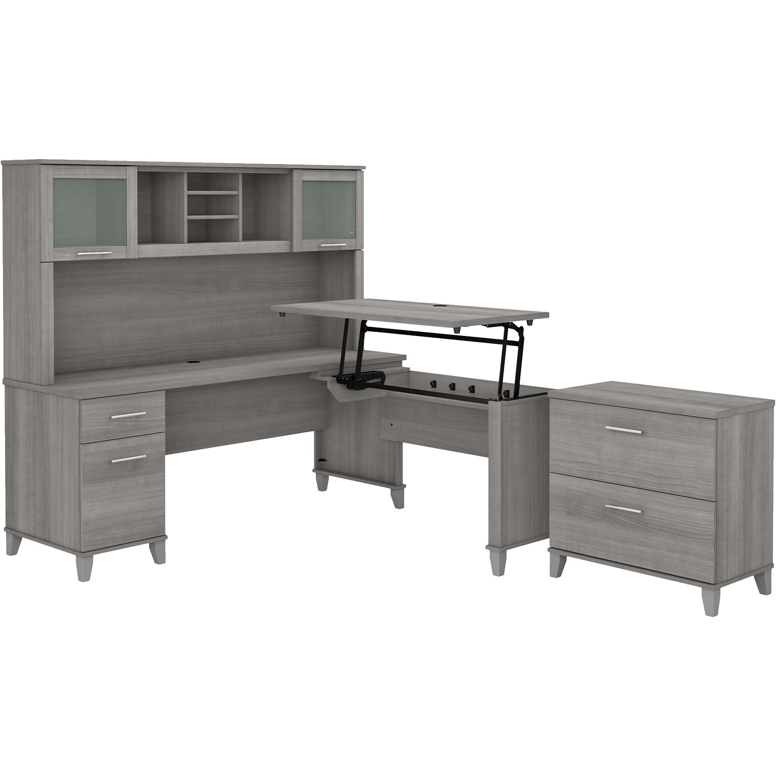 Bush Furniture Somerset 72W 3 Position Sit to Stand L Shaped Desk with Hutch and File Cabinet, Platinum Gray (SET016PG)