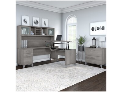 Bush Furniture Somerset 72"W 3 Position Sit to Stand L Shaped Desk with Hutch and File Cabinet, Platinum Gray (SET016PG)