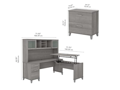 Bush Furniture Somerset 72"W 3 Position Sit to Stand L Shaped Desk with Hutch and File Cabinet, Platinum Gray (SET016PG)