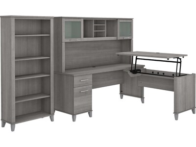 Bush Furniture Somerset 72W 3 Position Sit to Stand L Shaped Desk with Hutch and Bookcase, Platinum