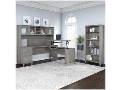 Bush Furniture Somerset 72"W 3 Position Sit to Stand L Shaped Desk with Hutch and Bookcase, Platinum Gray (SET017PG)