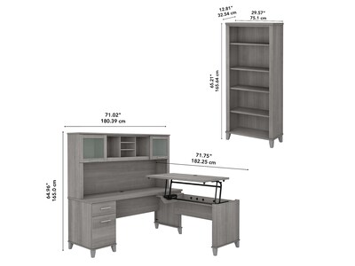 Bush Furniture Somerset 72"W 3 Position Sit to Stand L Shaped Desk with Hutch and Bookcase, Platinum Gray (SET017PG)