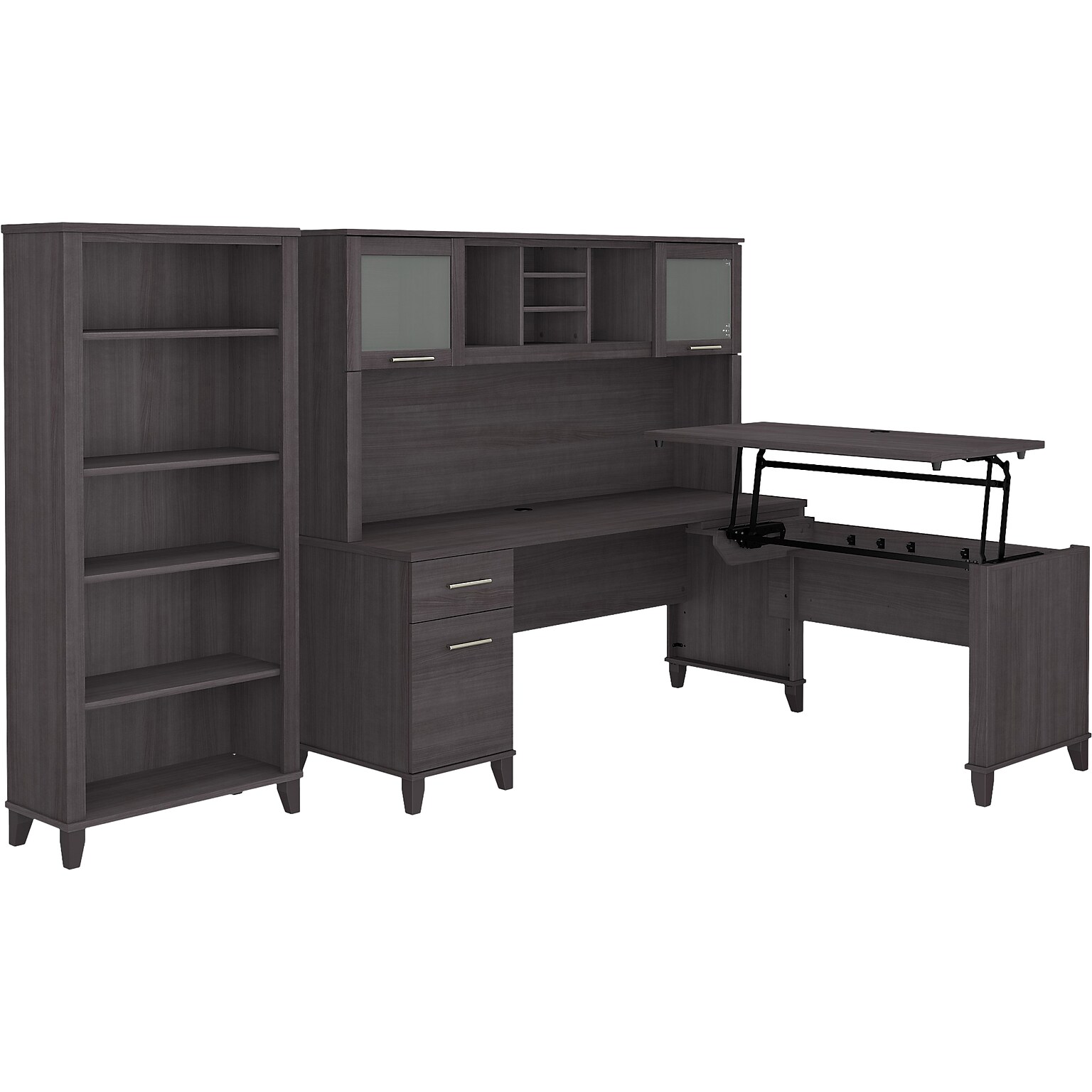 Bush Furniture Somerset 72W 3 Position Sit to Stand L Shaped Desk with Hutch and Bookcase, Storm Gray (SET017SG)