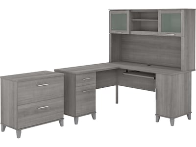 Bush Furniture Somerset 60W L-Shaped Desk with Hutch and Lateral File Cabinet, Platinum Gray (SET00