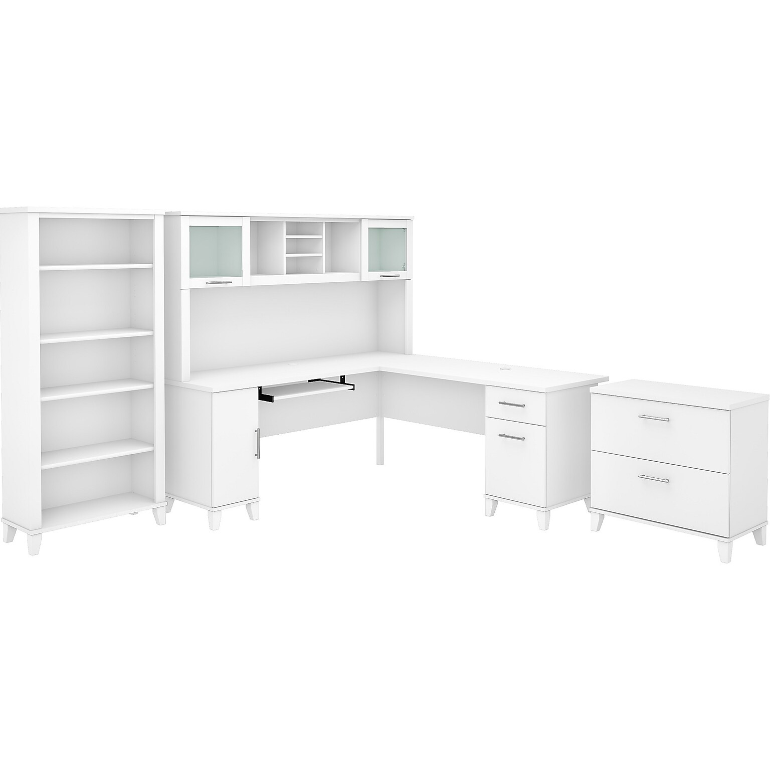 Bush Furniture Somerset 72W L-Shaped Desk with Hutch, Lateral File Cabinet and Bookcase, White (SET012WH)
