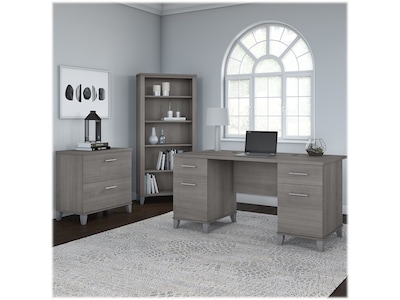Bush Furniture Somerset 60W Office Desk with Lateral File Cabinet and 5 Shelf Bookcase, Platinum Gr