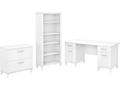 Bush Furniture Somerset 60W Office Desk with Lateral File Cabinet and 5 Shelf Bookcase, White (SET0