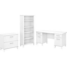 Bush Furniture Somerset 60W Office Desk with Lateral File Cabinet and 5 Shelf Bookcase, White (SET0