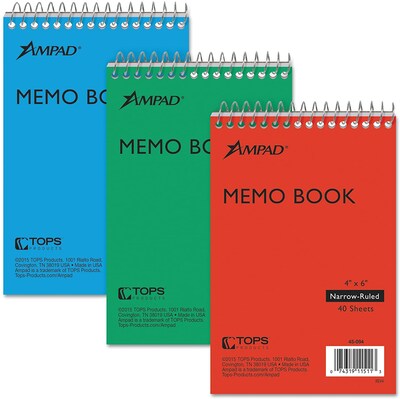 Ampad Memo Books, 4 x 6, Narrow Ruled, Assorted Colors, 40 Sheets/Pad, 3 Pads/Pack (AMP45094)