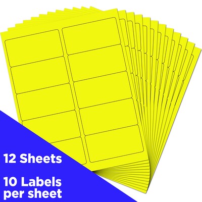 JAM Paper Laser/Inkjet Shipping Labels, 2" x 4", Neon Yellow, 10 Labels/Sheet, 12 Sheets/Pack (3543282)