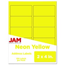 JAM Paper Laser/Inkjet Shipping Labels, 2 x 4, Neon Yellow, 10 Labels/Sheet, 12 Sheets/Pack (35432