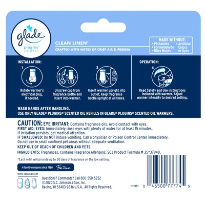 Glade PlugIns Scented Oil Refill, Clean Linen, 0.67 Oz., 5/Pack (315182)