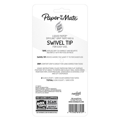 Paper Mate Liquid Paper DryLine Grip Correction Tape, White, 2/Pack (87813)
