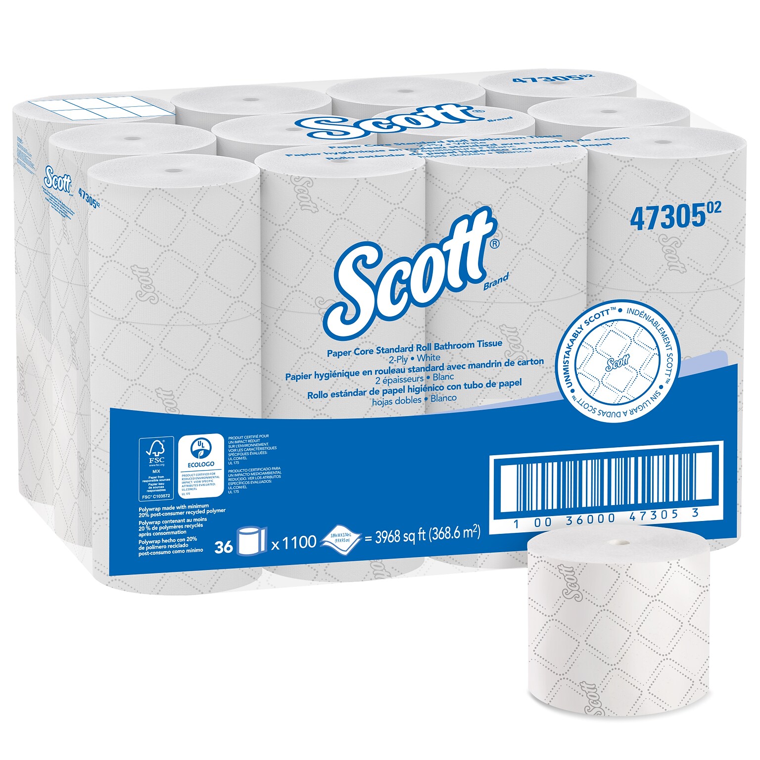 Scott Pro 2-Ply Small Core Standard Toilet Paper, White, 1100 Sheets/Roll, 36 Rolls/Carton (47305)