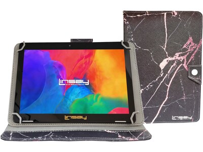 Linsay 10.1" Tablet with Case, WiFi, 2GB RAM, 64GB Storage, Android 13, Black with Black/Pink Marble (F10IPBAPI)