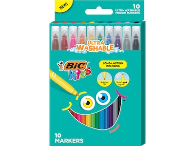 BIC Kids Ultra Washable Markers, Medium Point, Assorted Colors, 10 Markers/Box (BKCM10-AST)