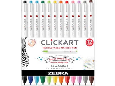 Zebra ClickArt Water Based Markers, Fine Tip, Assorted Colors, 12/Pack (69012)