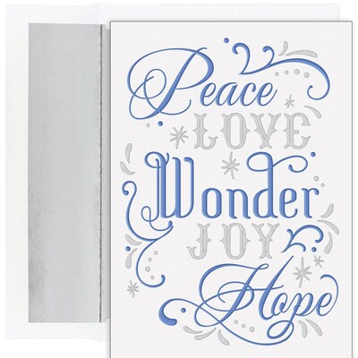 JAM PAPER Christmas Cards & Matching Envelopes Set, 7 6/7 x 5 5/8, Love Wonder Joy, 16/Pack (52694