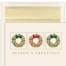 JAM PAPER Christmas Cards & Matching Envelopes Set, 7 6/7 x 5 5/8, Gold Wreath Trio, 16/Pack (5269