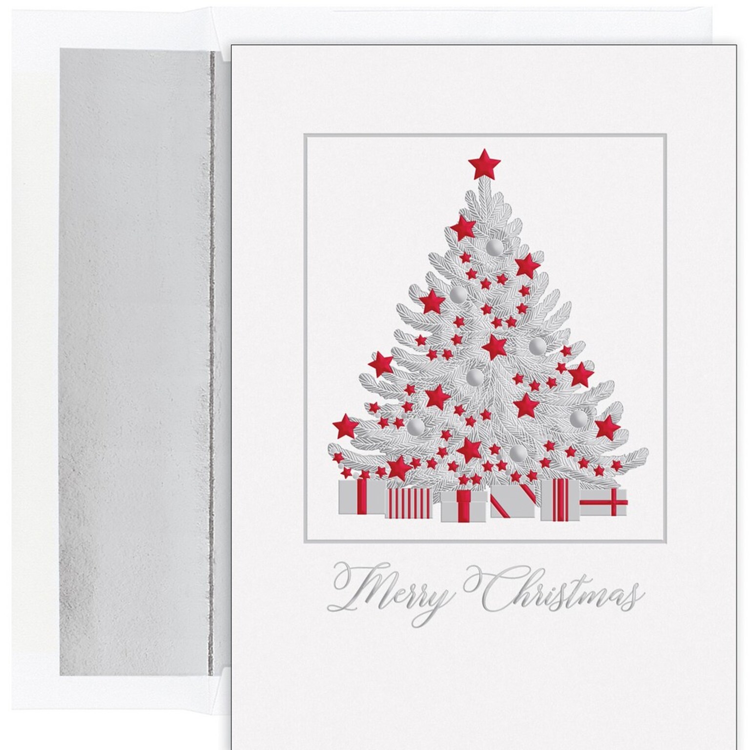 JAM PAPER Christmas Cards & Matching Envelopes Set, 7 6/7 x 5 5/8, Silver Shimmer Tree, 16/Pack (526938000)