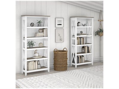 Bush Furniture Key West 66"H 5-Shelf Bookcase with Adjustable Shelves, Shiplap Gray/Pure White Laminated Wood, 2/Set (KWS046G2W)