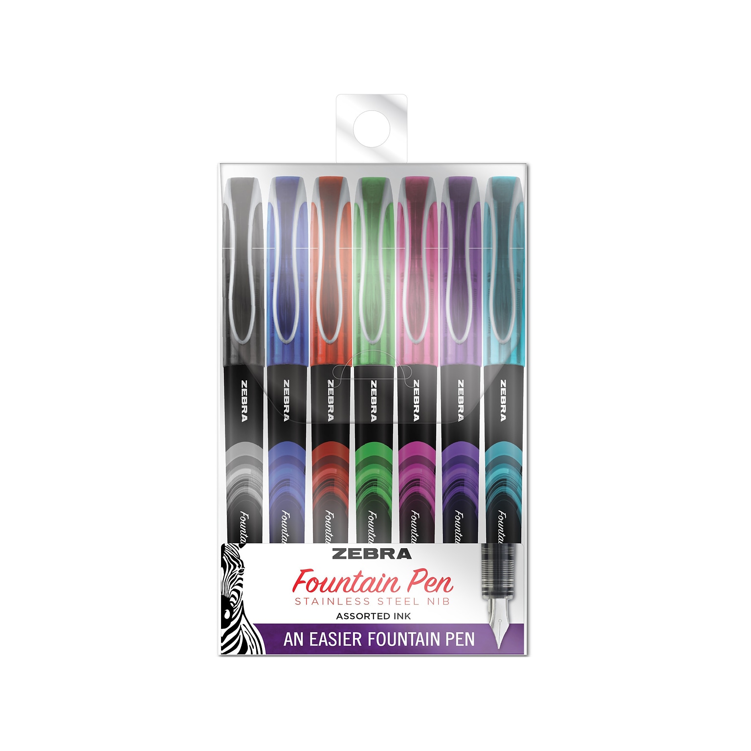Zebra Fountain Pens, 0.6mm Nib, Assorted Inks, 7/Pack (48307)