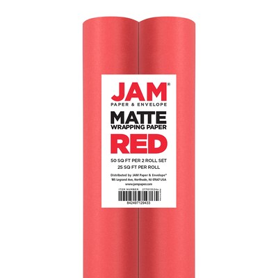 JAM PAPER Gift Wrap, Matte Wrapping Paper, 25 Sq Ft per Roll, Matte Red, 2/Pack