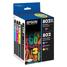 Epson T802XL/T802 Black High Yield and Cyan/Magenta/Yellow Standard Yield Ink Cartridge, 4/Pack   (T