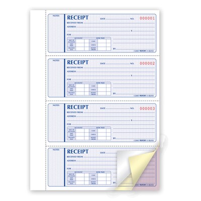 Money Receipt Forms, Carbonless, 3 Part, Hard Cover, 2-3/4 x 7, 200 Sets/Book (RED8L818)