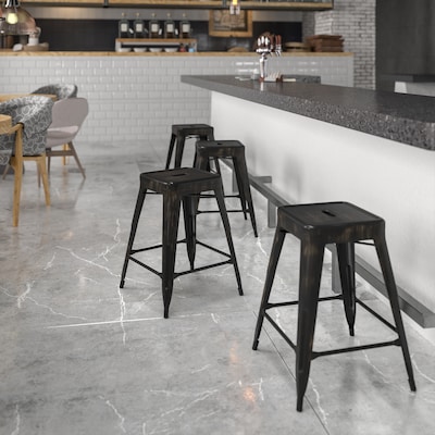 Flash Furniture Kai Industrial Metal Counter Stool without Back, Black-Antique Gold (CH3132024BQ)