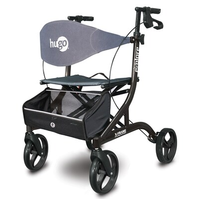 Hugo Explore Side-Fold Rollator Rolling Walker with Seat, Backrest and Folding Basket, Pearl Black (