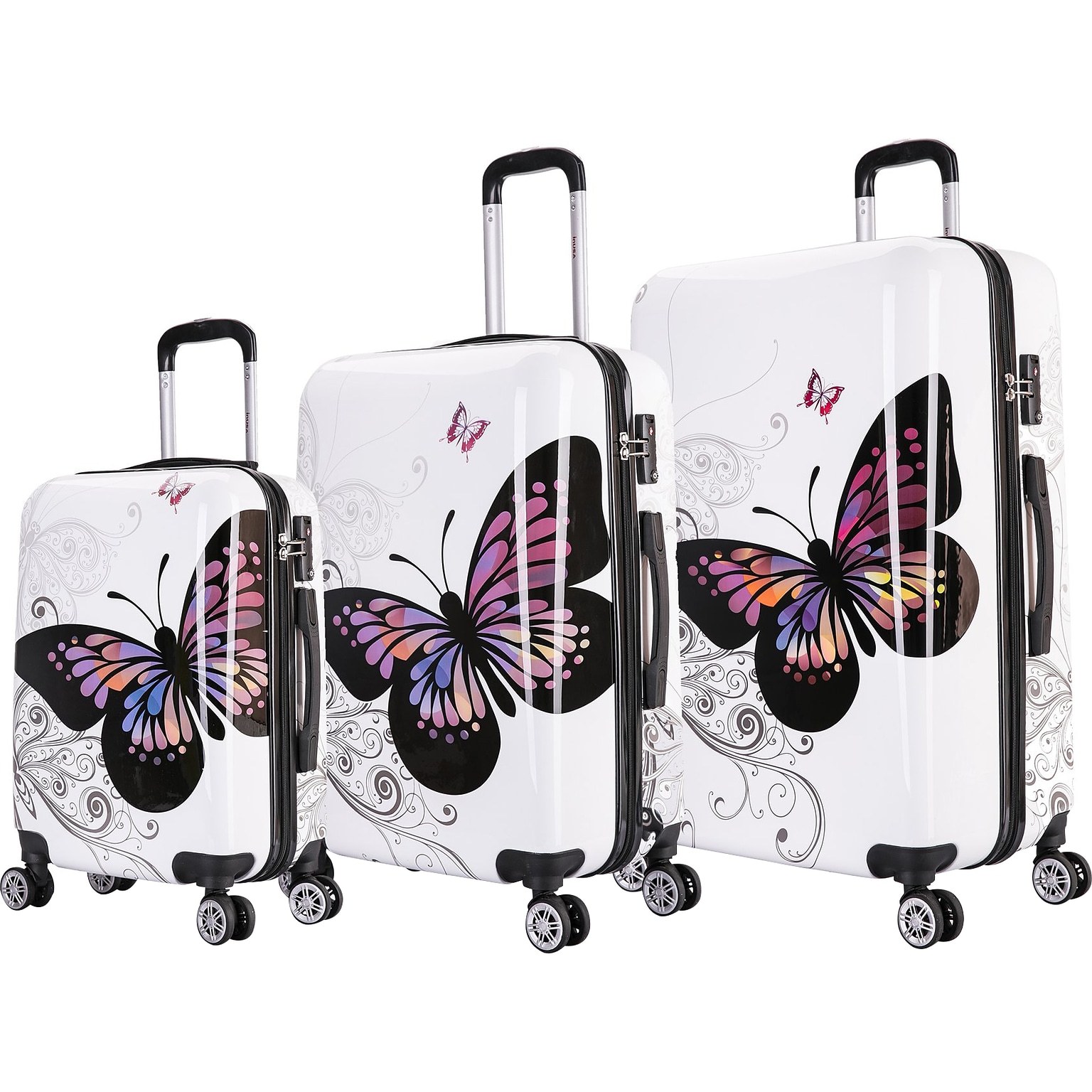 InUSA 3-Piece Hardside Butterfly Spinner Luggage Set, TSA Checkpoint Friendly, Butterfly (IUAPCSML-BUT)