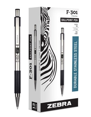Zebra F-301 Retractable Ballpoint Pen, Fine Point, 0.7mm, Black Ink, Dozen (ZEB27110)