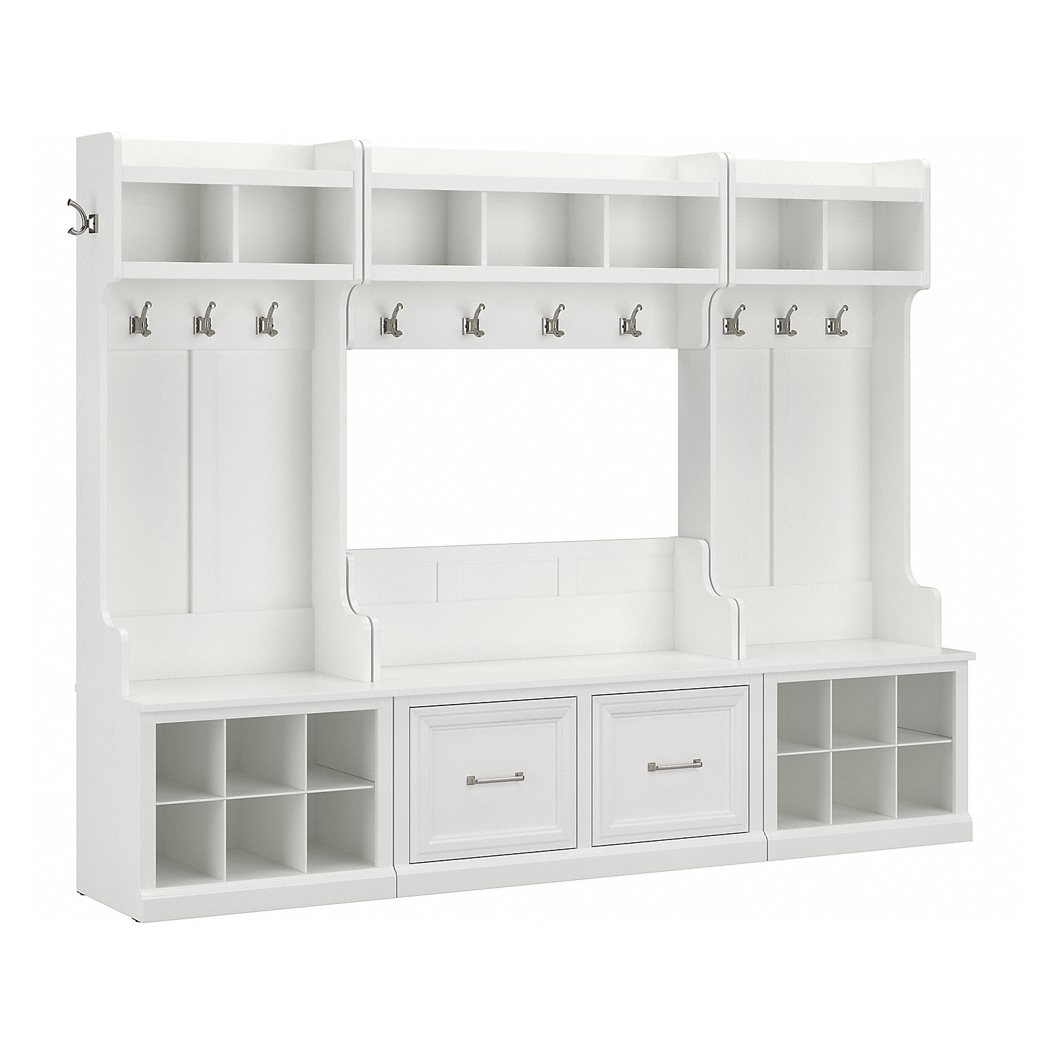 Bush Furniture Woodland Full Entryway Storage Set with Coat Rack and Shoe Bench with Doors, White Ash (WDL013WAS)