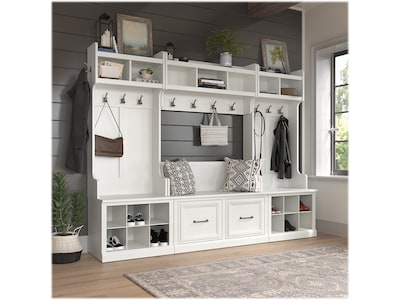 Bush Furniture Woodland Full Entryway Storage Set with Coat Rack and Shoe Bench with Doors, White Ash (WDL013WAS)