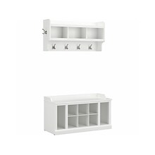 Bush Furniture Woodland 40W Shoe Storage Bench with Shelves and Wall Mounted Coat Rack, White Ash (W