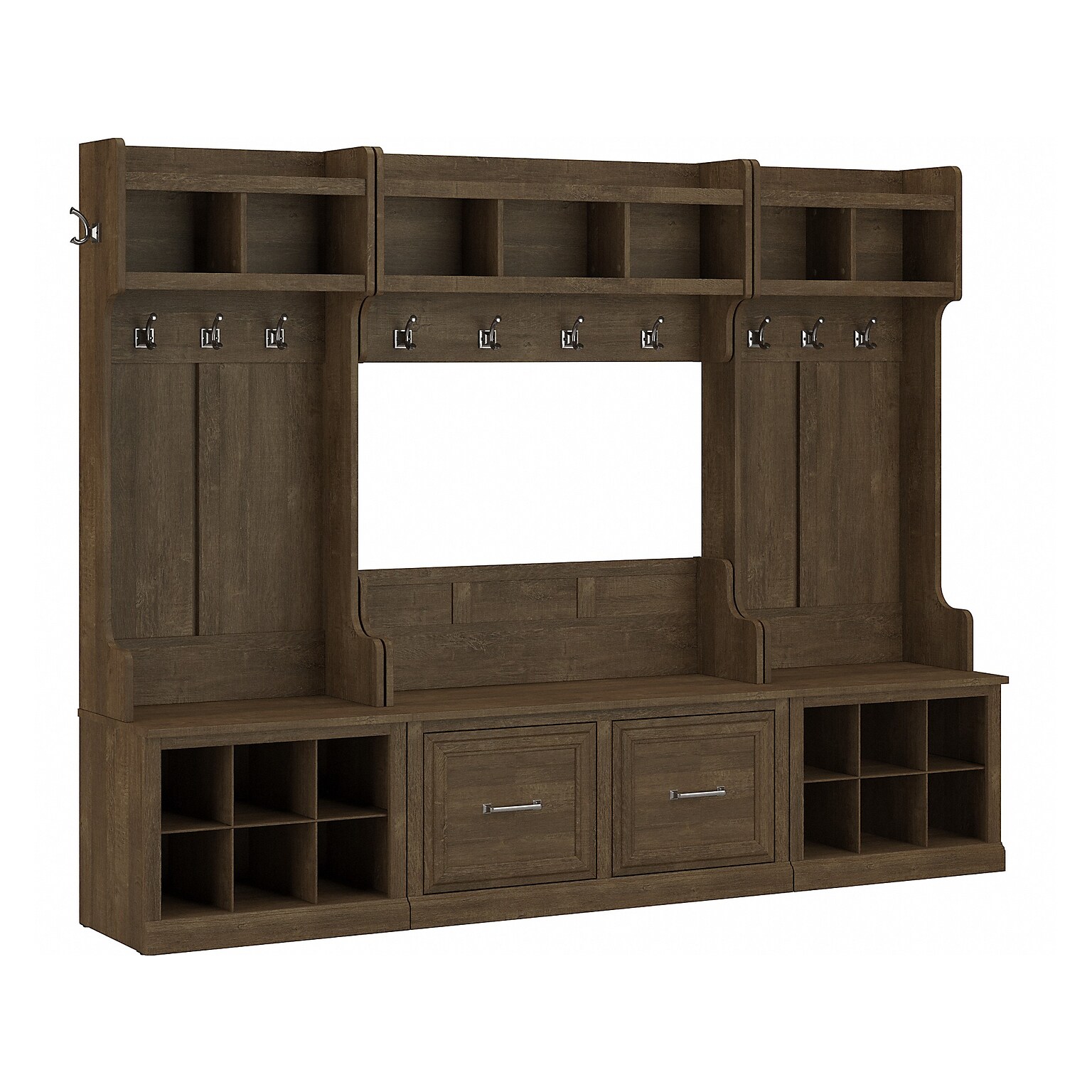 Bush Furniture Woodland Full Entryway Storage Set with Coat Rack and Shoe Bench with Doors, Ash Brown (WDL013ABR)