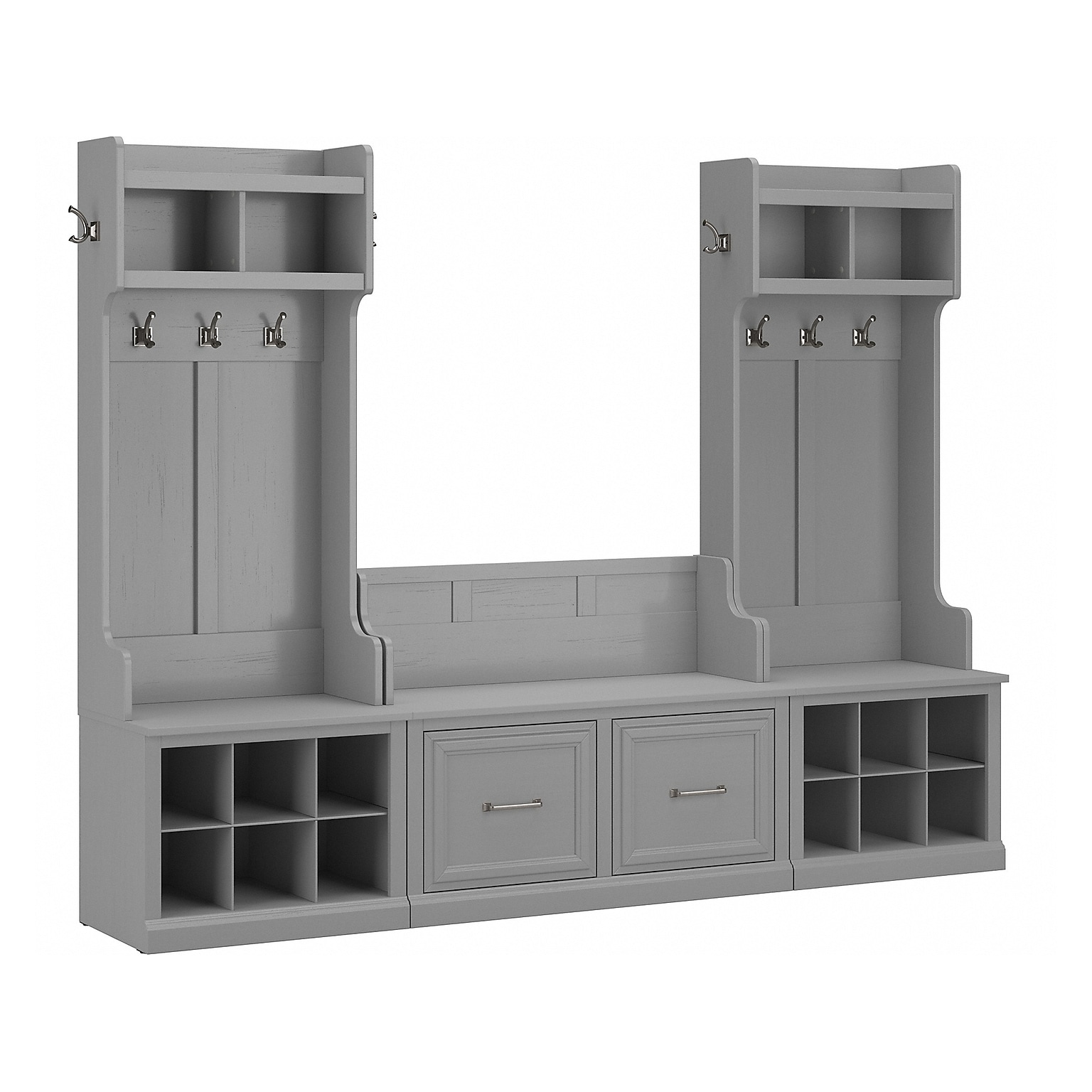Bush Furniture Woodland Entryway Storage Set with Hall Trees and Shoe Bench with Doors, Cape Cod Gray (WDL011CG)