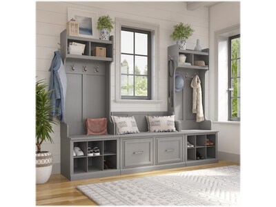 Bush Furniture Woodland Entryway Storage Set with Hall Trees and Shoe Bench with Doors, Cape Cod Gray (WDL011CG)