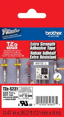 Brother P-touch TZe-S231 Laminated Extra Strength Label Maker Tape, 1/2 x 26-2/10, Black on White